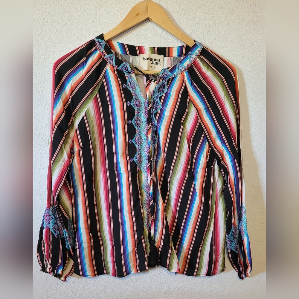 NWOT SAVANNA JANE Women's Small Striped Embroidered V-Neck Tunic Top Shirt Boho - Picture 11 of 11